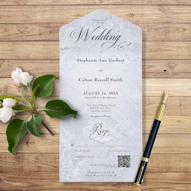 Invitación Todo En Uno Código QR mínimo de mármol azul moderno (Subido por el creador)