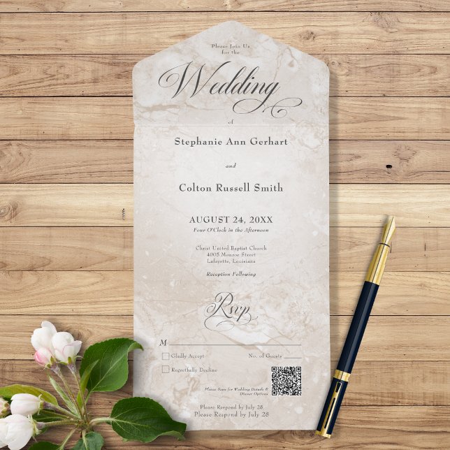 Invitación Todo En Uno Código QR mínimo de mármol de Tan moderno (Subido por el creador)