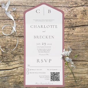Invitación Todo En Uno Código QR mínimo de Rosa y monograma blanco
