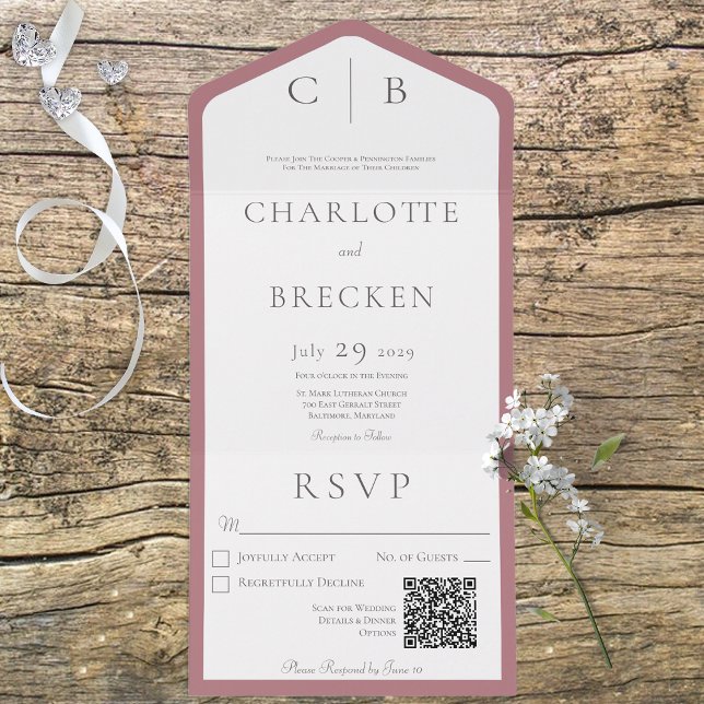 Invitación Todo En Uno Código QR mínimo de Rosa y monograma blanco (Subido por el creador)