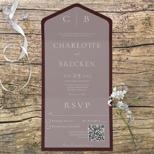 Invitación Todo En Uno Código QR mínimo en monograma rosa y borgoñoso