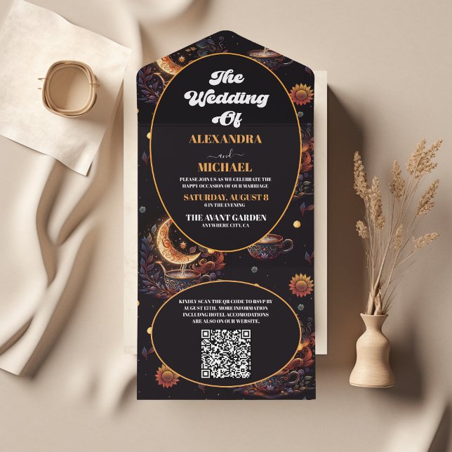 Invitación Todo En Uno Código QR Mística Boda Celestial de Oro Negro (Subido por el creador)