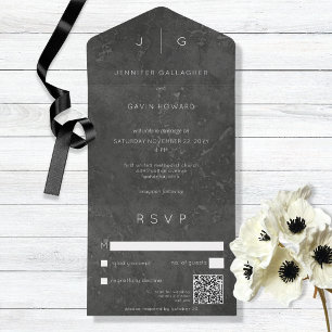 Invitación Todo En Uno Código QR moderado y elegante oscuro
