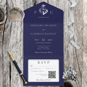 Invitación Todo En Uno Código QR moderno azul y blanco náutico