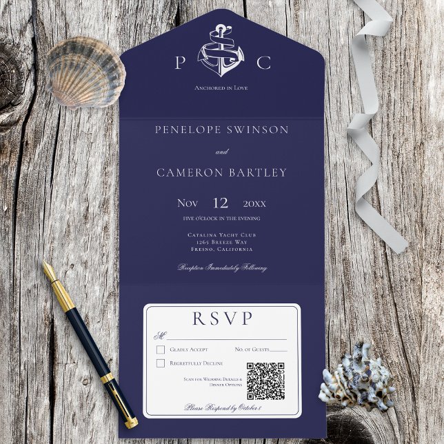 Invitación Todo En Uno Código QR moderno azul y blanco náutico (Subido por el creador)
