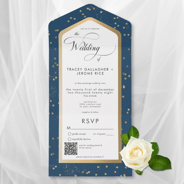 Invitación Todo En Uno Código QR moderno azul y blanco Starry Gold (Modern Blue & White Starry Gold All In One Wedding Invitation with QR Code)