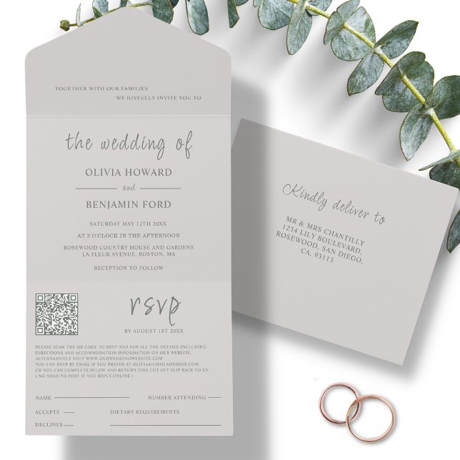 Invitación Todo En Uno Código QR moderno Beige & Olive (Subido por el creador)