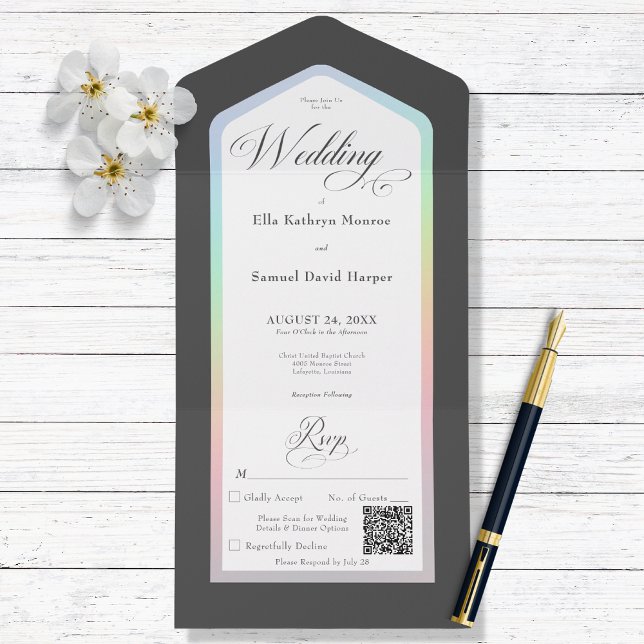Invitación Todo En Uno Código QR moderno de arcoiris blanco y negro mínim (Subido por el creador)