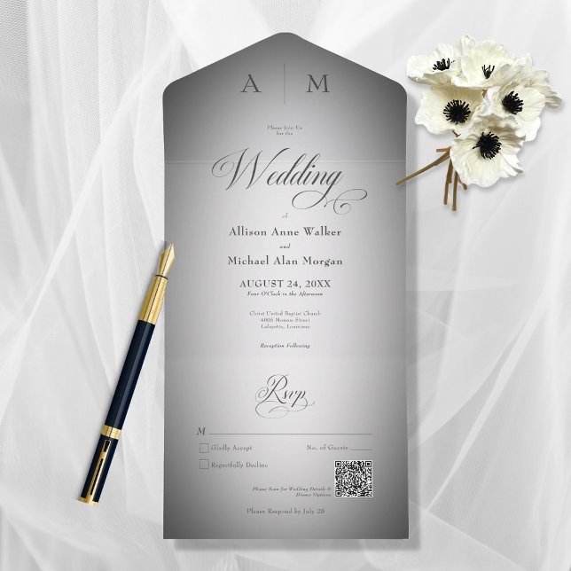 Invitación Todo En Uno Código QR moderno de brillo mínimo negro y blanco (Subido por el creador)