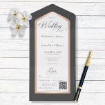 Invitación Todo En Uno Código QR moderno de color negro y rosa blanco mín<br><div class="desc">DISPONIBLE CON O SIN CÓDIGO QR O OPCIONES DE SELECCIÓN DE CENAS. Este diseño presenta un fondo negro de carbón vegetal con un área de texto blanco enmarcada en oro falso rosa. Un monograma con la primera inicial de la novia y el novio en la solapa exterior lo completa. Creado...</div>