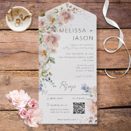 Invitación Todo En Uno Código QR moderno de color rosa y blanco pastel