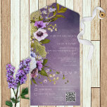 Invitación Todo En Uno Código QR moderno de flor verde oscuro morado y sa<br><div class="desc">DISPONIBLE CON O SIN CÓDIGO QR O CON O SIN OPCIONES DE SELECCIÓN DE CENAS. Este diseño presenta un fondo de galaxia morado oscuro y morado con un hermoso spray lateral floral de lavanda,  blanco,  verde y perwinkle. Creado por Simply Farmhouse Press.</div>