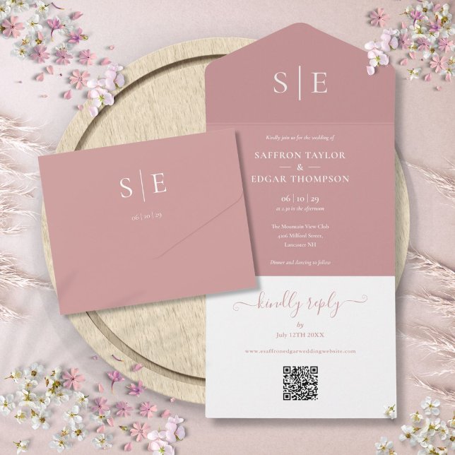 Invitación Todo En Uno Código QR moderno Monograma Rosa  con polvo Boda (Modern QR Code Monogram Dusty Rose Wedding All In One Invitation)