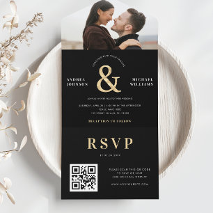 Invitación Todo En Uno Código QR moderno para Bodas y fotógrafos de oro