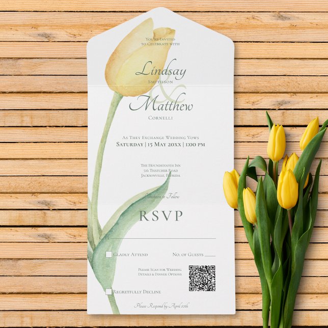 Invitación Todo En Uno Código QR moderno rosa amarillo pálido tulipán sol (Pale Yellow Tulip Solo Pink Modern QR Code All In One Invitation)