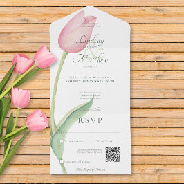 Invitación Todo En Uno Código QR moderno rosado rosado de tulipán individ