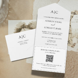Invitación Todo En Uno Código QR Monograma blanco Boda
