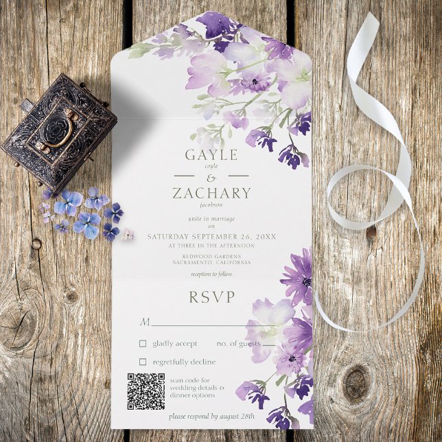 Invitación Todo En Uno Código QR morado blanco floral de Boho (Subido por el creador)