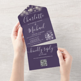 Invitación Todo En Uno Código QR Morado Luces de Cuerda en Tarros de Maso