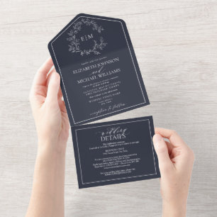 Invitación Todo En Uno Código QR Navy Escudo de Leafy Azul Monograma Boda