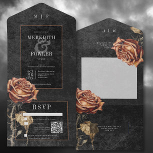 Invitación Todo En Uno Código QR negro gótico oscuro y Rosa de roya