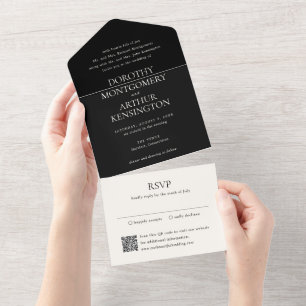 Invitación Todo En Uno Código QR negro moderno boda elegante