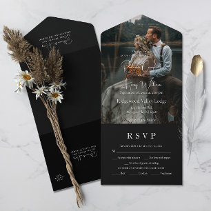 Invitación Todo En Uno Código QR negro moderno Foto RSVP de entrada p