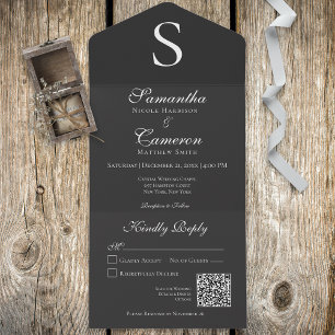 Invitación Todo En Uno Código QR negro monograma moderno