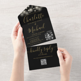 Invitación Todo En Uno Código QR Negro y Dorado Luces de Frascos Mason Bo