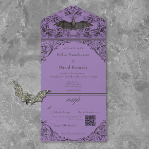 Invitación Todo En Uno Código QR Negro y Púrpura Murciélago Victoriano Ha