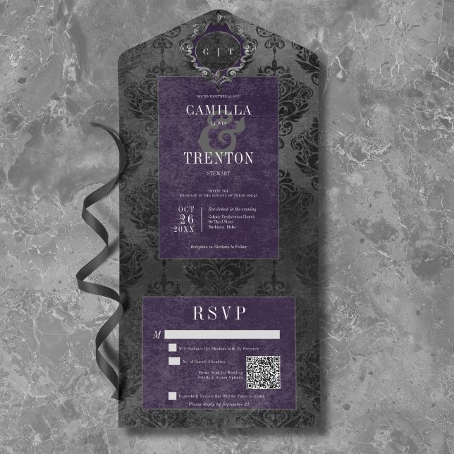 Invitación Todo En Uno Código QR oscuro gótico negro y morado Damasco (Dark Gothic Black & Purple Damask QR Code All In One Invitation)