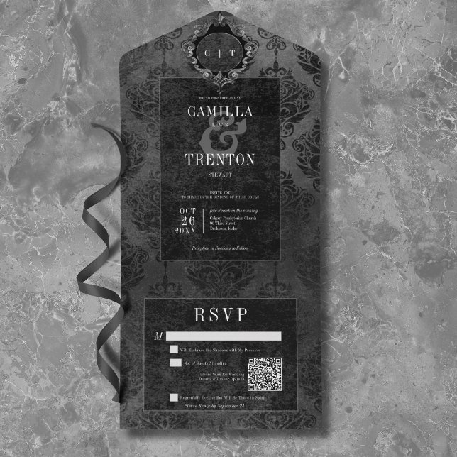 Invitación Todo En Uno Código QR oscuro gótico negro y negro Damask (Dark Gothic Black & Black Damask QR Code All In One Invitation)
