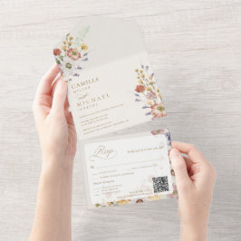 Invitación Todo En Uno Código QR para Boda de Otoño con Flores Silvestres