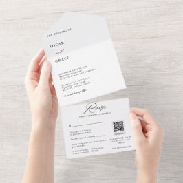 Invitación Todo En Uno Código Qr para Boda Minimalista blanco y negro RSV