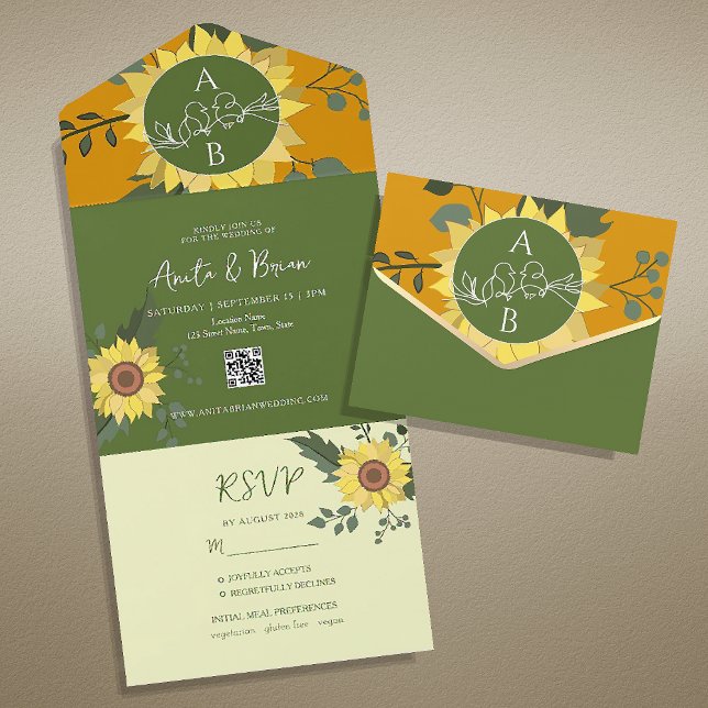 Invitación Todo En Uno Código QR para el Boda del girasol Boho (Subido por el creador)