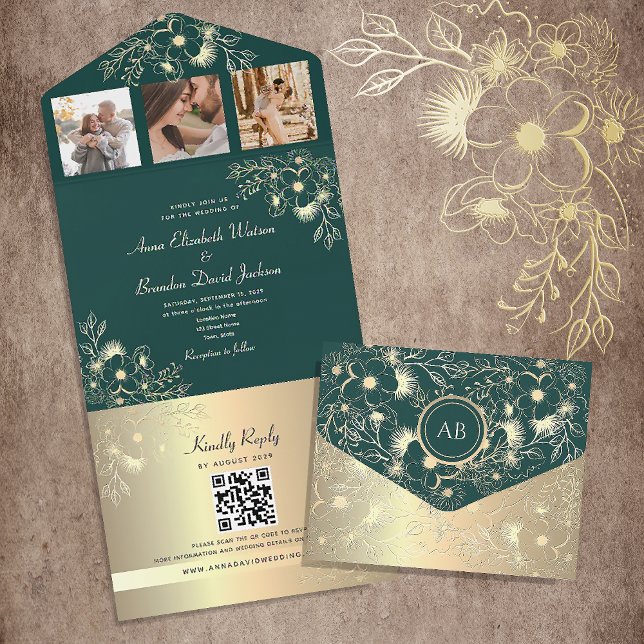 Invitación Todo En Uno Código QR para el Boda verde oro y esmeralda (Subido por el creador)