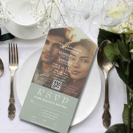 Invitación Todo En Uno Código QR para la imagen de crema verde de marfil 