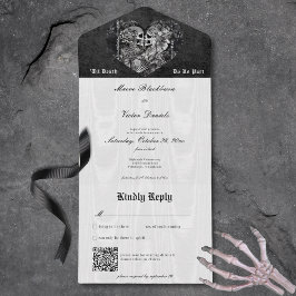 Invitación Todo En Uno Código QR para la pareja de esqueletos góticos en 