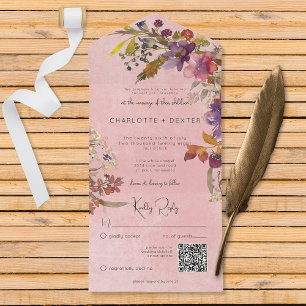 Invitación Todo En Uno Código QR para las flores rosadas rusticas de Boho