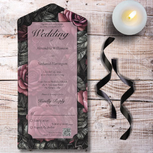 Invitación Todo En Uno Código QR para malvas, Rosas grises y negros