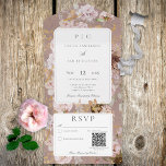 Invitación Todo En Uno Código QR para monograma floral Rubor rosa vintage<br><div class="desc">DISPONIBLE CON O SIN CÓDIGO QR. Este diseño de inspiración vintage presenta un monograma de las iniciales de la pareja en un cuadro de texto blanco. La caja está rodeada por un bonito surtido de flores de color marrón, rubor, marfil y rosa con un toque de oro. El color rosa...</div>