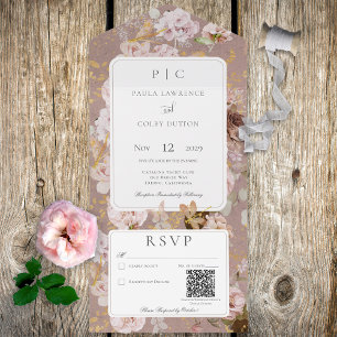 Invitación Todo En Uno Código QR para monograma floral Rubor rosa vintage