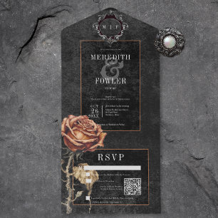 Invitación Todo En Uno Código QR para Rosa gótico oscuro negro y rojizo