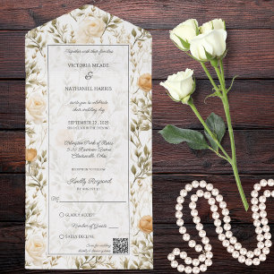 Invitación Todo En Uno Código QR para Rosas de marfil y oro vintage