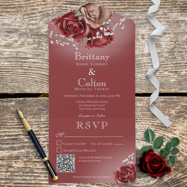 Invitación Todo En Uno Código QR para Rosas Rojos y Marrones Modernos (Subido por el creador)