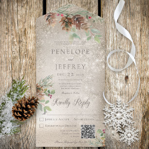 Invitación Todo En Uno Código QR Pinecone & Berries de oro moderno