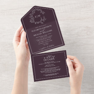 Invitación Todo En Uno Código QR Plum Escudo Morado Leafy Monograma Boda