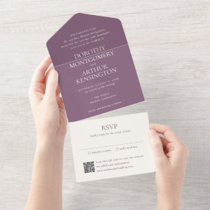 Invitación Todo En Uno Código QR púrpura elegante boda moderna