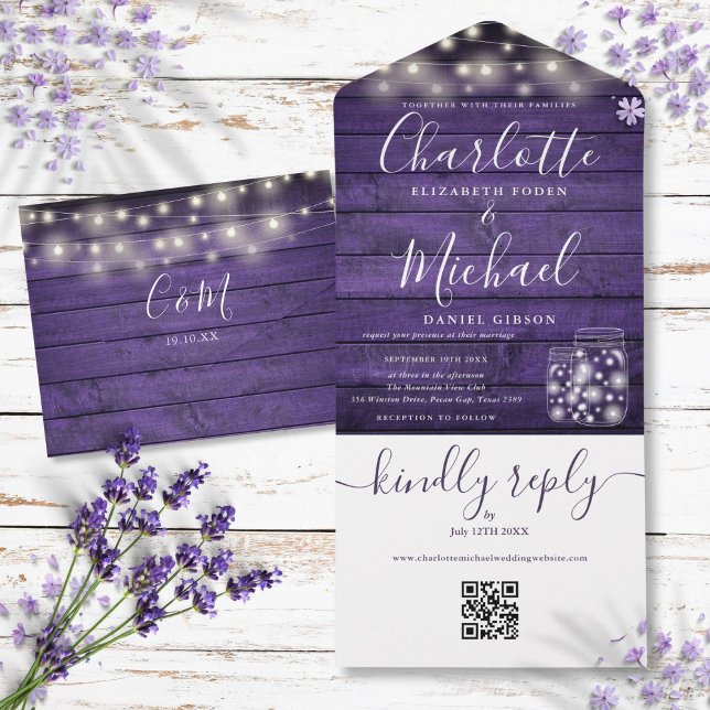 Invitación Todo En Uno Código QR púrpura Rústico Mason Jars Lights Boda (Purple Rustic QR Code Mason Jars Lights Wedding All In One Invitation)
