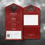 Invitación Todo En Uno Código QR rojo del corazón negro y rojo gótico<br><div class="desc">DISPONIBLE CON O SIN CÓDIGO QR PARA ESCAPAR EN LA ZONA RSVP O CON O SIN OPCIONES PARA CENAR. Abran el misterioso encanto de su día especial con este diseño de inspiración vintage. Un fondo rojo sangre angustiado prepara el terreno para una celebración que trasciende el tiempo. El texto blanco...</div>